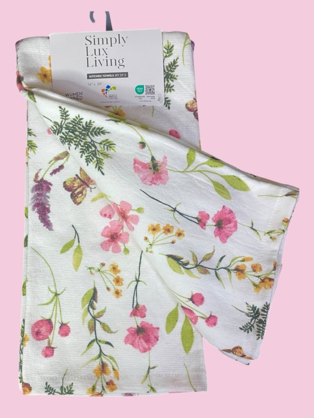 Kitchen Towel Set 2ct Floral Butterflies White Pink Yellow Textured NEW NWT